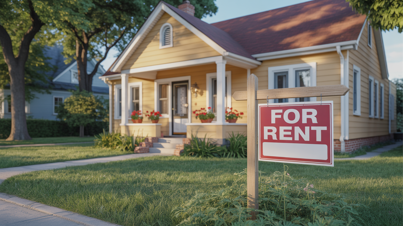 A nice single-family home with a 'For Rent' sign