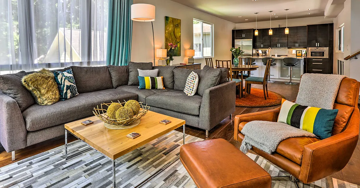 A stylish living room of a vacation rental